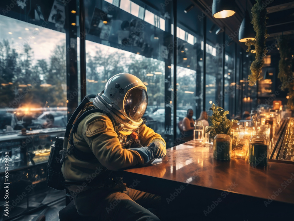 Astronaut sitting at the table in the dark corridor of the restaurant , bar Astronaut sitting at the table in the dark corridor of the restaurant , bar