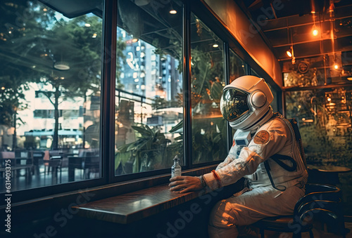 Astronaut sitting at the table in the dark corridor of the restaurant , bar