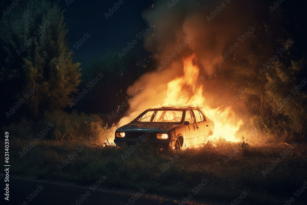 Crashed car burning at night,