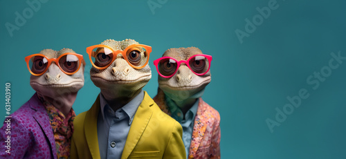 Creative animal concept. Gecko reptile in a group, vibrant bright fashionable outfits isolated on solid background advertisement, copy text space. birthday party invite invitation banner