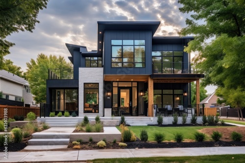 A newly built house with bay windows, a covered porch patio, and a metal roof covered gutter can be found in the front yard of this property situated in Oklahoma City, US. The house features a vibrant © 2rogan