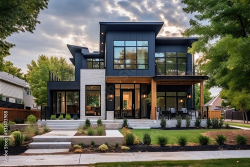 A newly built house with bay windows, a covered porch patio, and a metal roof covered gutter can be found in the front yard of this property situated in Oklahoma City, US. The house features a vibrant photo