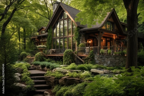 A house designed in the Barnhouse style, nestled amidst the beauty of nature, surrounded by lush greenery and trees.