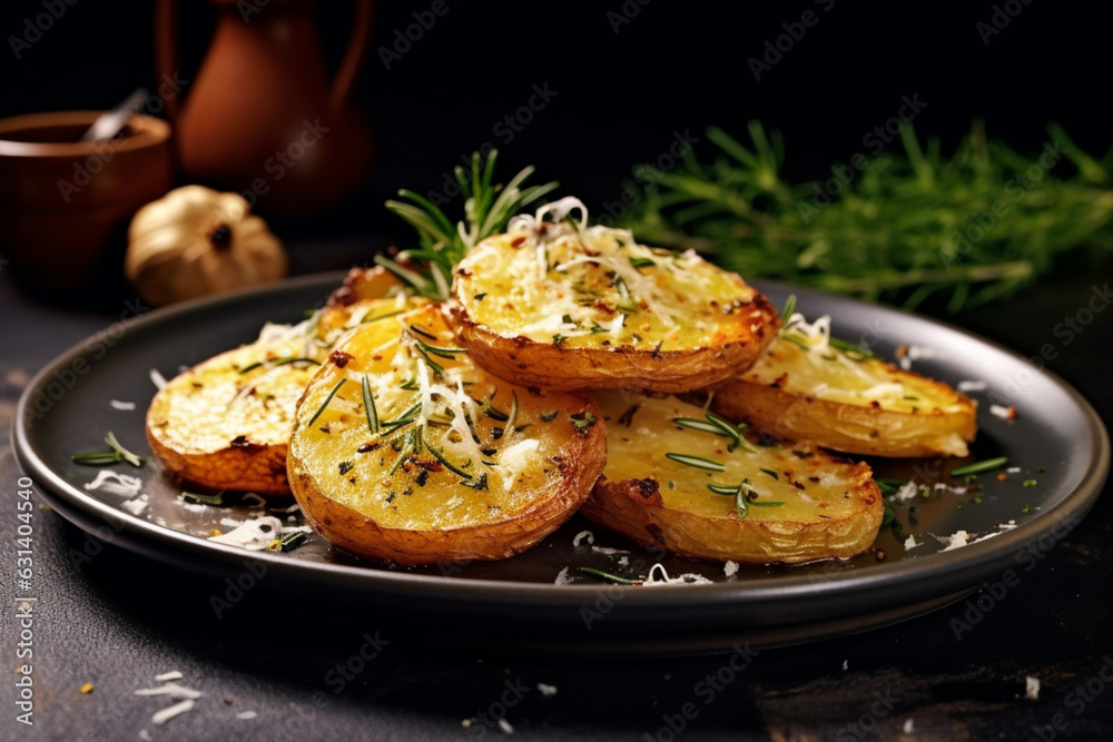 Crushed, smashed potatoes baked with rosemary and thyme on plate, Dark background