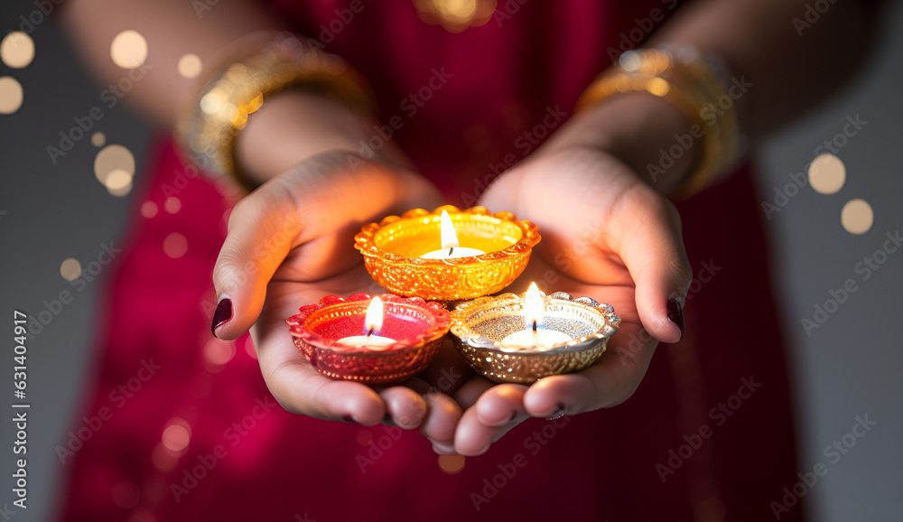 shiny glittering Diya lit lamps on rangoli holding girl in hands
