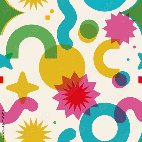 Risograph style abstract seamless vector pattern. Bold, vibrant, geometric shapes with grain texture and overprint effect. Repeat graphic background. 