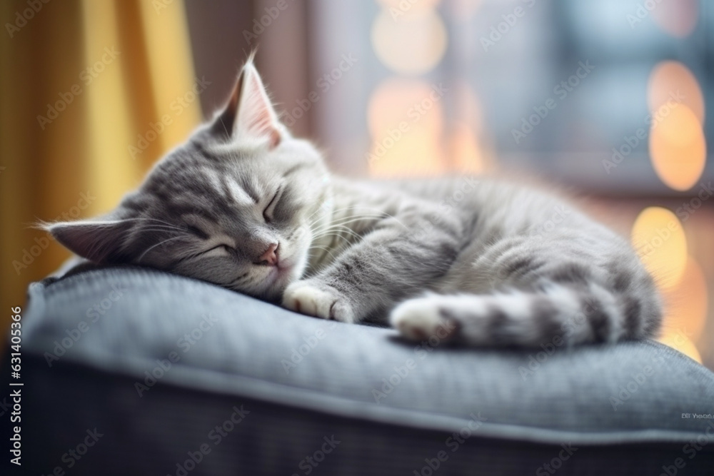 Cute grey kitten rest napping on bed, Pets sleep at cozy home