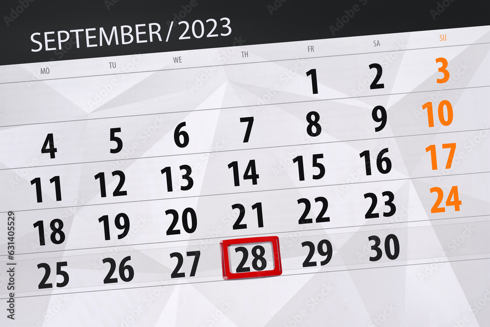 Fototapeta premium Calendar 2023, deadline, day, month, page, organizer, date, September, thursday, number 28