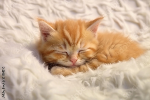 Cute little ginger kitten sleeps on fur white blanket, soft lightinig © alisaaa