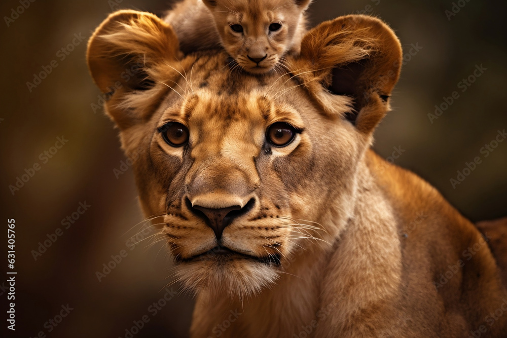 Baby lion cub on the lioness's head in the morning, mother and child lovely lion family close up shot, protecting wildlife concept.