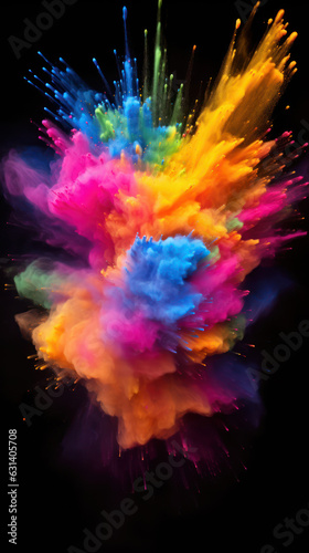 Colorful rainbow holi paint color powder explosion isolated on black background. 