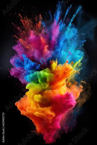 Colorful rainbow holi paint color powder explosion isolated on black background. 