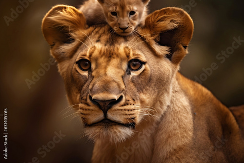 Baby lion cub on the lioness s head in the morning  mother and child lovely lion family close up shot  protecting wildlife concept.