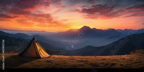 Beautiful sunrise over nature landscape. Travel and outdoor tourism. Summer camping delight. Tent by mountains at sunset. Mountain hiking adventure © Thares2020
