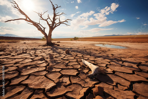Drought land with isolated died tree, dry soil ground in desert area with cracked mud in arid landscape. Water scarcity, climate change and global warming.