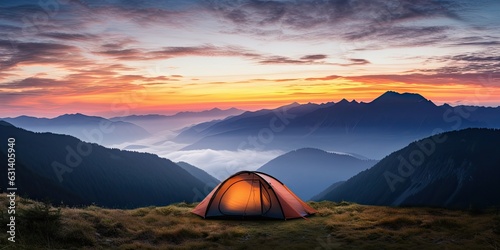 Beautiful sunrise over nature landscape. Travel and outdoor tourism. Summer camping delight. Tent by mountains at sunset. Mountain hiking adventure