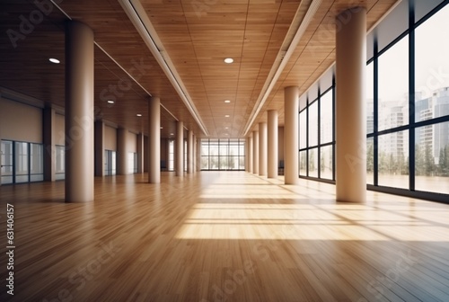 empty big office interior with wood design. generative ai © LivroomStudio