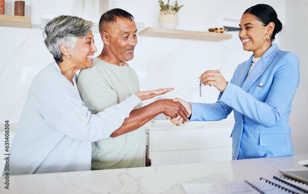 Obraz premium Happy senior couple, realtor and keys to new home in handshake for mortgage, property or investment. Excited elderly man and woman shaking hands for real estate retirement, house payment or purchase