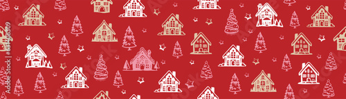 Christmas house and tree has drawn illustrations, vector.	

