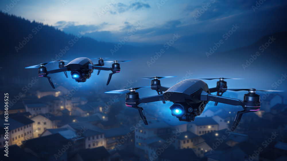 Naklejka premium Three black drones fly over blur small town