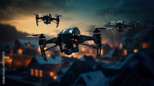 Three black drones fly over blur small town