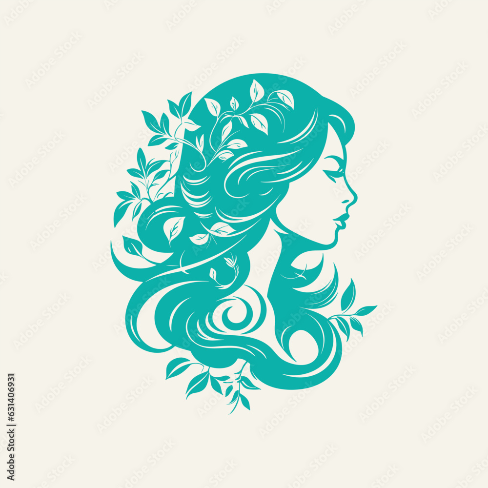 Woman Headshot with Curly Hair and Floral Elements: Vector Logo Design for Women's Fashion Clothing