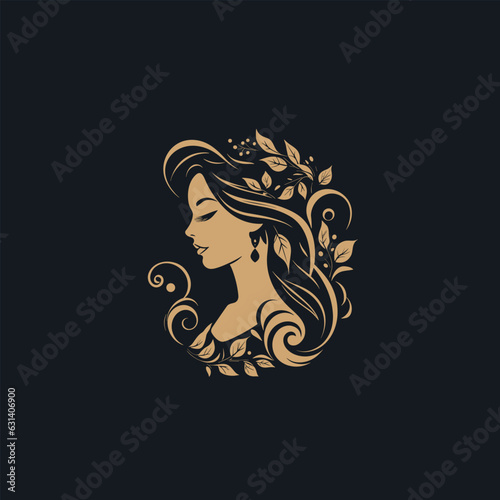 Woman Headshot with Curly Hair and Floral Elements: Vector Logo Design for Women's Fashion Clothing