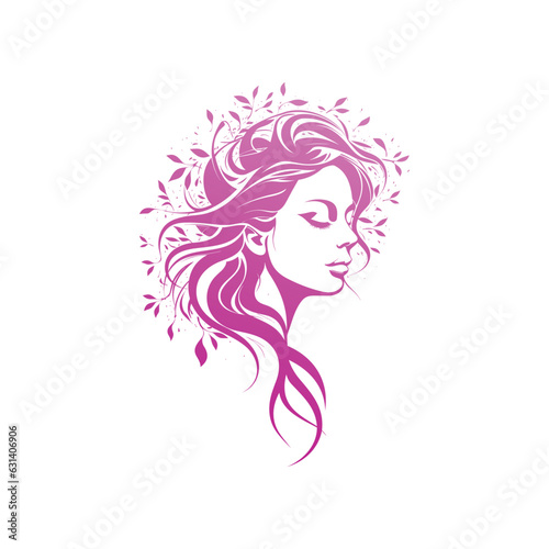 Woman Headshot with Curly Hair and Floral Elements: Vector Logo Design for Women's Fashion Clothing