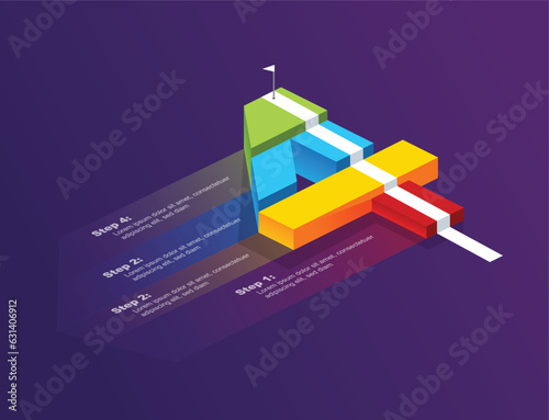 3D vector of number 4 presented in 4 portions each with one step up. Stair case or ladder shows growth over time. success story, ponts, categories, etc can be shown. 4th anniversary or birthday icon. photo