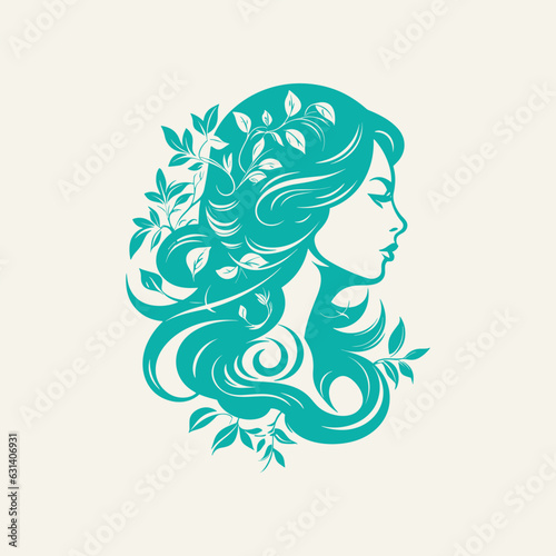 Woman Headshot with Curly Hair and Floral Elements  Vector Logo Design for Women s Fashion Clothing