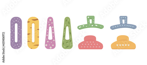 Vector set of flat hair clips. Stylish hair accessories in blue, lilac, yellow, pink and green. Hair care, hair styling, women's accessories shop, beauty salon. Isolated on white background eps 10.