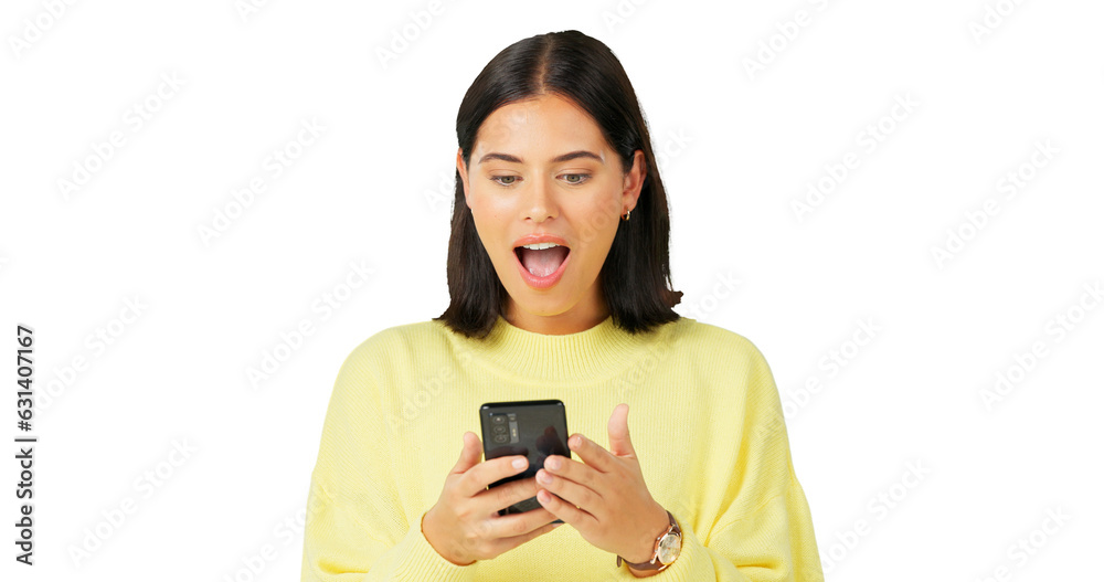 Happy woman, phone and celebration in wow for winning, promotion or bonus isolated on a transparent PNG background. Excited female person in happiness on mobile smartphone app for good news or prize Happy woman, phone and celebration in wow for winning, promotion or bonus isolated on a transparent PNG background. Excited female person in happiness on mobile smartphone app for good news or prize