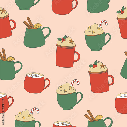 Seamless pattern of hot drinks. Red and green cups on pink background for Christmas design