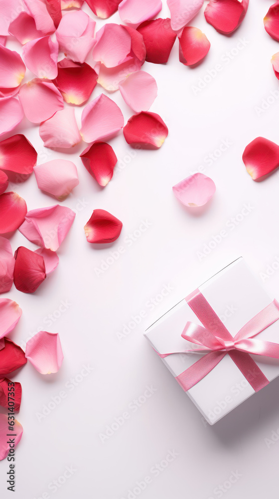 Valentines Day white background with pink rose petals and gift.