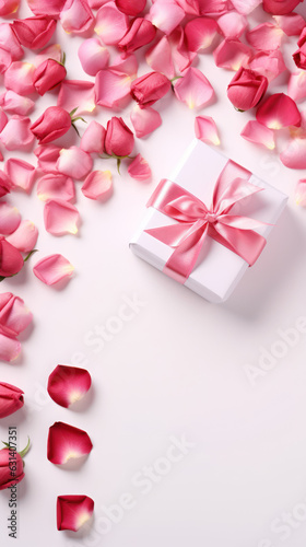 Valentines Day white background with pink rose petals and gift. © red_orange_stock
