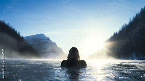 Young woman swimming in a cold frozen lake or river in winter. Concept of cold water swimming. Shallow field of view.