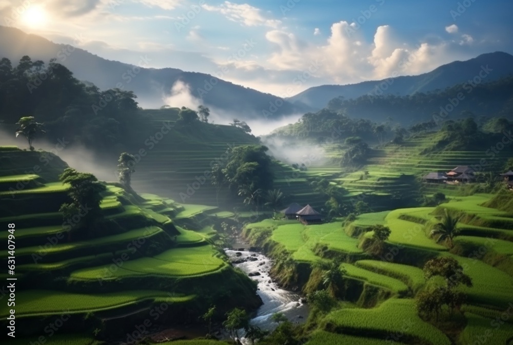 view of rice field in sunny morning. generative ai