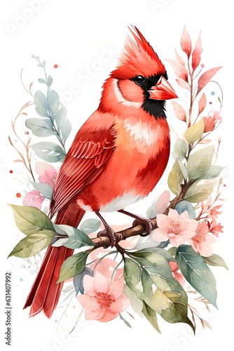 Beautiful red cardinal bird on a branch with florals. Watercolor illustration for decoration greeting cards, invitations, prints, textile or wall art