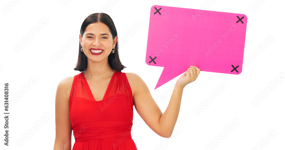 Isolated woman, speech bubble and portrait with smile, beauty and mockup space by transparent png background. Girl, fashion model and happy with poster, billboard or sign for promo for social media Isolated woman, speech bubble and portrait with smile, beauty and mockup space by transparent png background. Girl, fashion model and happy with poster, billboard or sign for promo for social media