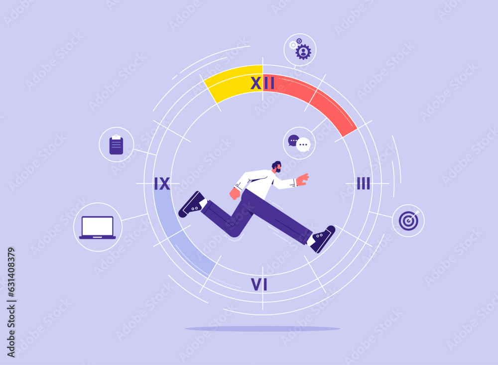 Man running fast in circles, busy worker makes schedule, businessman manages urgent tasks, events in graphic, clock reminds about deadline