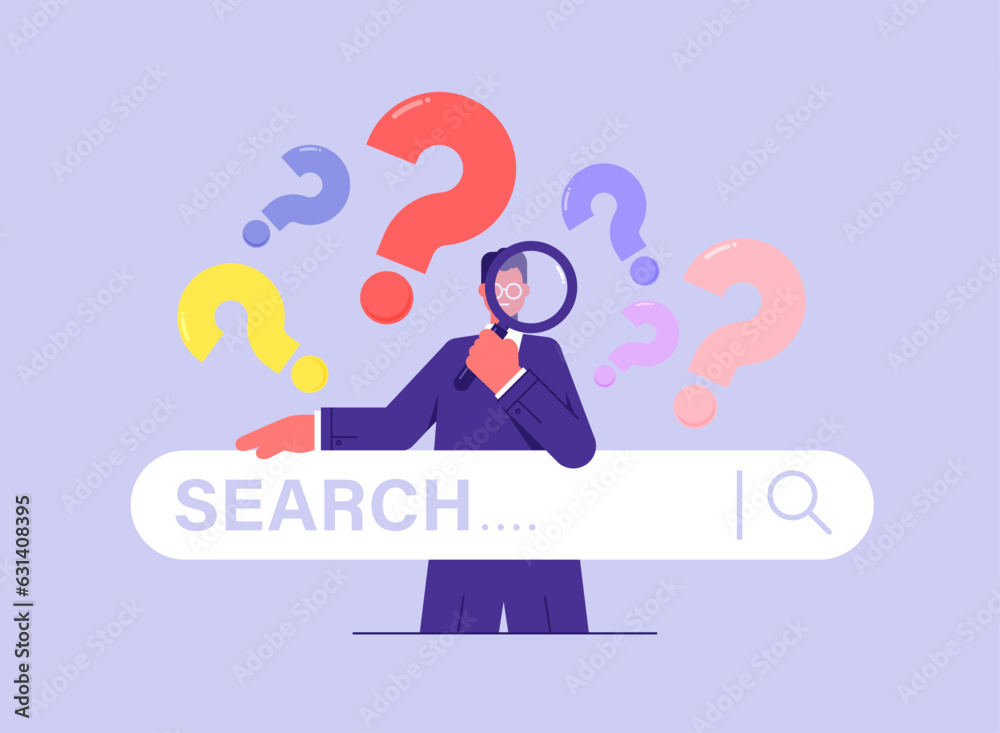 Concept of business metaphor for search or research, development, businessman looking through magnifying glass with question marks sign and search bar Concept of business metaphor for search or research, development, businessman looking through magnifying glass with question marks sign and search bar