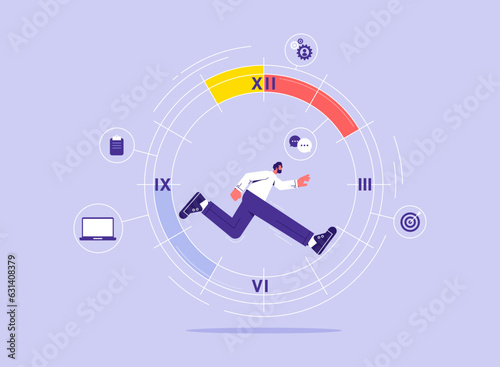 Man running fast in circles, busy worker makes schedule, businessman manages urgent tasks, events in graphic, clock reminds about deadline