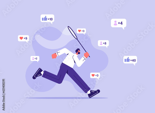 Catch likes concept. Man with net runs for positive reactions in social networks and instant messengers. Internet addiction, popular person, flat vector illustration