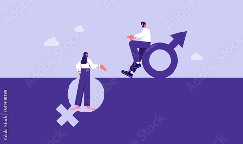 Concept of gender inequality and discrimination, man over a woman who stands in a pit out of a gender symbol