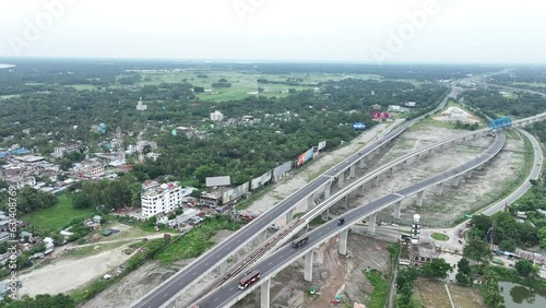 Aerial view of The Padma Multipurpose Bridge, the largest bridge, over the Padma river by day in perspective, Mawa, Munshiganj, Bangladesh.. 4k photo