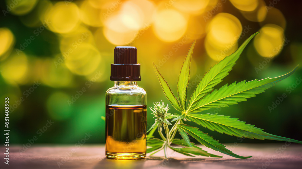 Essential oil in bottle with fresh green cannabis Essential oil in bottle with fresh green cannabis