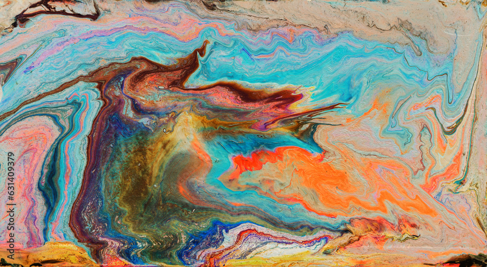 Fantastic landscape. Chaotic orange and blue swirly shapes. Abstract hand painted acrylic texture. Fluid art. Fantastic landscape. Chaotic orange and blue swirly shapes. Abstract hand painted acrylic texture. Fluid art.