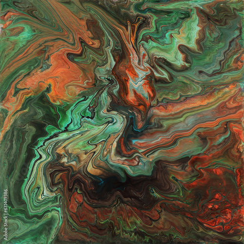 Colorful red and green wavy texture. Abstract acrylic painting. Fluid art.