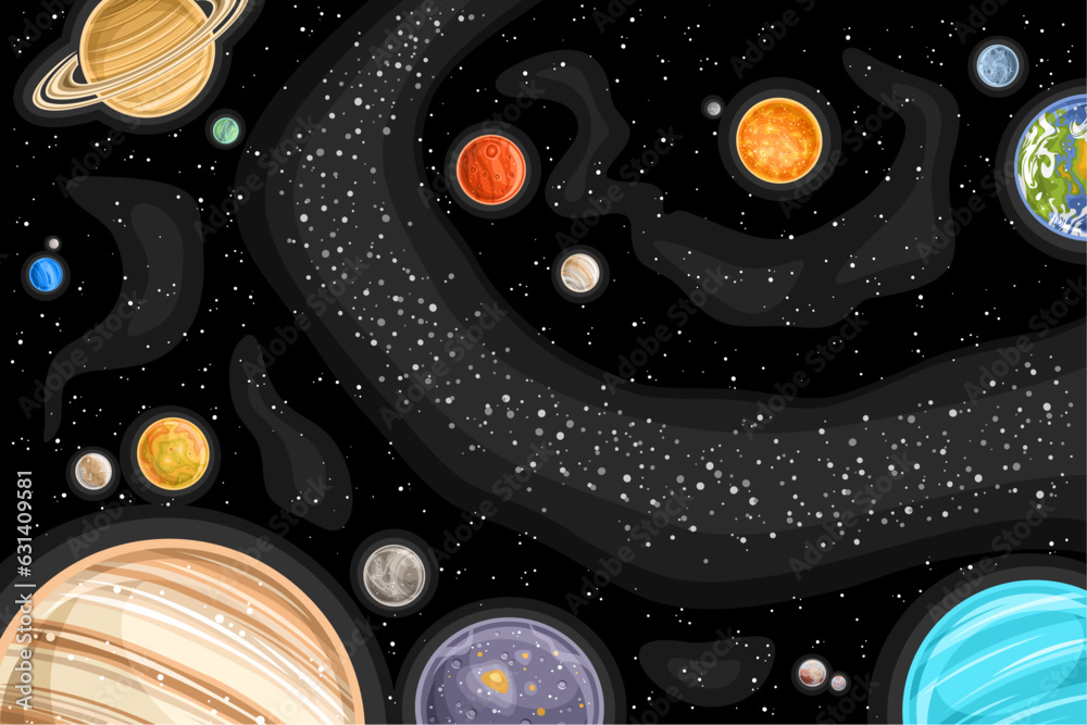 Vector Fantasy Space Chart, astronomical horizontal poster with illustration of variety colorful planets and asteroid belt in deep space, decorative cosmic print with black starry space background