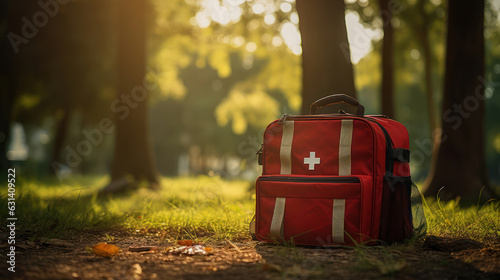 Copy space available on bokeh park background, first aid medical red kit